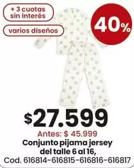 Conjunto pijama jersey del talle 6 al 16, Cod. 616814-616815-616816-616817