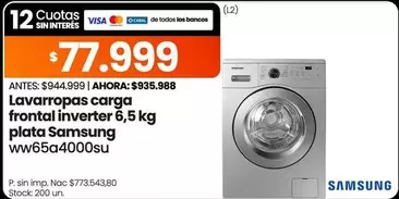 Samsung - Lavarropas carga frontal inverter 6,5 kg plata ww65a4000su