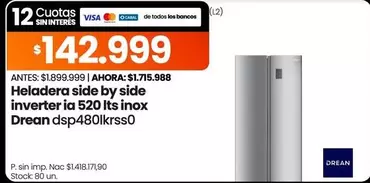 Drean - Heladera side by side inverter ia 520 Its inox dsp480lkrss0