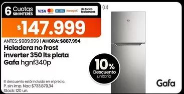 Gafa - Heladera no frost inverter 350 Its plata hgnf340p