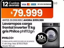 Philco - Lavarropas carga frontal inverter 11 kg