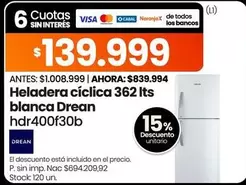 Drean - Heladera cíclica 362 Its blanca hdr400f30b