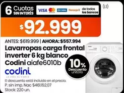 Codini - Lavarropas carga frontal inverter 6 kg blanco