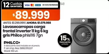 Philco - Lavasecarropas carga frontal inverter 11 kg 6 kg gris phls116 7gn