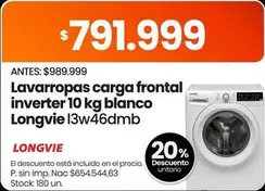 Longvie - Lavarropas carga frontal inverter 10 kg blanco l3w46dmb