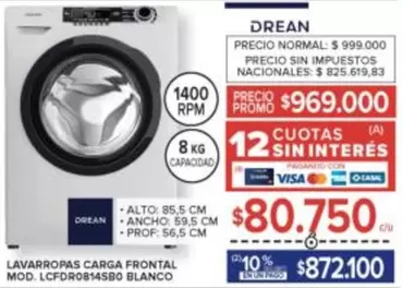 Drean - LAVARROPAS CARGA FRONTAL MOD. LC FDR08145B0 BLANCO