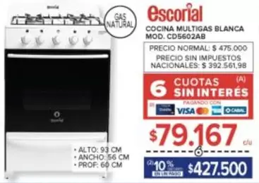 Escorial - COCINA MULTIGAS BLANCA MOD. CD5602AB