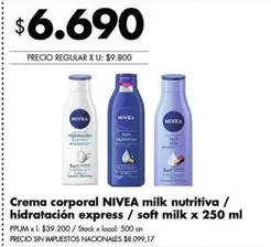 Nivea - Crema Corporal Milk Nutritiva / Hidratación Express / Soft Milk