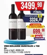 Benjamin - VINO BENJAMIN VARIETALES x 750 cc. Cod: 11153-11149-12572