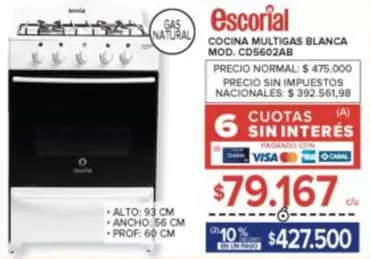 Escorial - COCINA MULTIGAS BLANCA MOD. CD5602AB