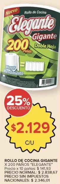 Elegante - Rollo de Cocina Gigante X 200 Panos