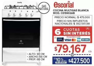 Escorial - COCINA MULTIGAS BLANCA MOD. CD5602AB