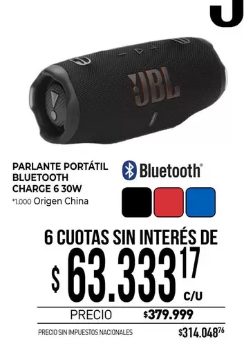 JBL - PARLANTE PORTÁTIL BLUETOOTH CHARGE 6 30W