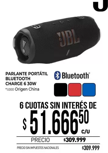 JBL - PARLANTE PORTÁTIL BLUETOOTH CHARGE 6 30W
