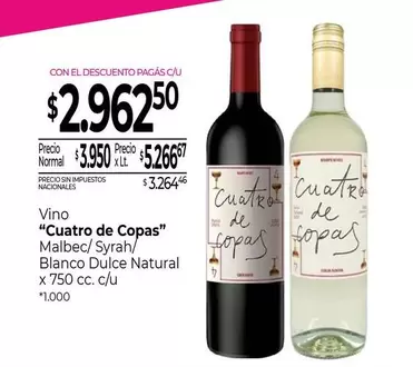 XL - Vino "Cuatro de Copas" Malbec/Syrah Blanco Dulce Natural