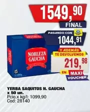 Nobleza Gaucha - YERBA SAQUITOS N. GAUCHA x 50 un. Cod: 28140
