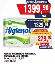 Higienol - PAPEL HIGIENICO texturado 4 x 30mts Cod: 1532