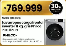 Philco - Lavarropas carga frontal inverter 11 kg. gris