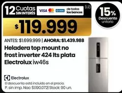 Electrolux - Heladera top mount no frost inverter 424 Its plata