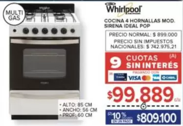 Whirlpool - COCINA 4 HORNNALAS MOD. SIRENA IDEAL POP