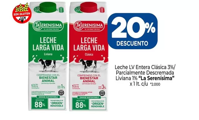 La Serenísima - Leche LV Entera Clásica 3% / Parcialmente Descremada Liviana 7%
