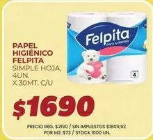 Felpita - PAPEL HIGIÉNICO SIMPLE HOJA, 4UN.