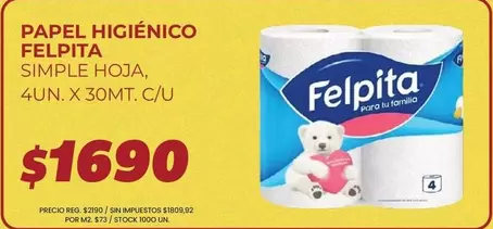 Felpita - PAPEL HIGIÉNICO SIMPLE HOJA, 4UN. X 30MT. C/U