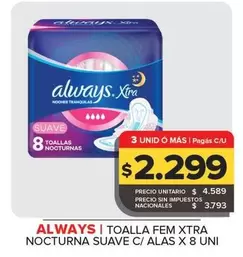 Always - Toalla Fem Xtra Nocturna Suave C/Alas