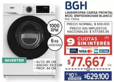 BGH - LAVARROPAS CARGA FRONTAL Mod. BWFE06W24AR BLANCO