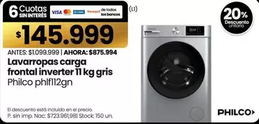Philco - Lavavopas carga frontal inverter 11 kg gris