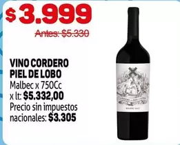 Malbec - VINO CORDERO PIEL DE LOBO x 750Cc