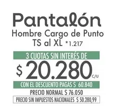 XL - Pantalón Hombre Cargo de Punto TS al