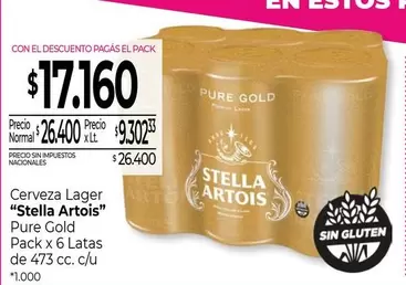 Stella Artois - Cerveza Lager Pure Gold Pack x 6 Latas de 473 cc. c/u