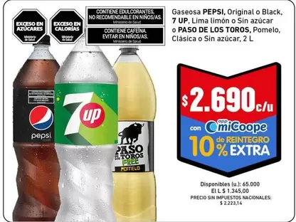 Pepsi - Gaseosa Original o Black, 7 UP, Lima Limón o Paso de Los Toros