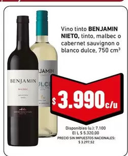 Benjamin - Vino tinto malbec o cabernet sauvignon o blanco dulce