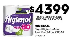 Higienol - Papel Higiénico Max Aloe Panal 4 Un. X 80 Mt. Cod.26334