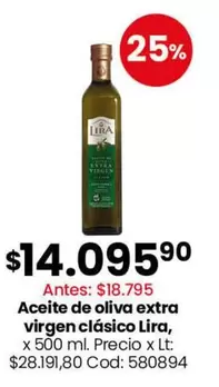 Lira - Aceite de oliva extra virgen cl
uevo
sico, x 500 ml. Precio x Lt: $28.191,80 Cod: 580894