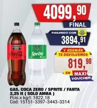 Coca cola - GAS. COCA ZERO / SPRITE / FANTA 2,25 lt ( SOLO AMBA ) Cod: 15151-3397-3443-3314