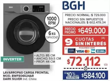 BGH - LAVARROPAS CARGA FRONTAL MOD. BWFE06S24AR