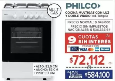 Philco - COCINA MULTIGAS CON LUZ Y DOBLE VIDRIO