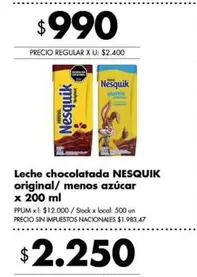 Nesquik - Leche chocolatada original/ menos azúcar x 200 ml