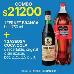Coca cola - FERNET BRANCA bot. 750 ml. + GASEOSA COCA COLA descartable, original o sin azúcar, bot. 2.25, 2.5 o 3 lt.