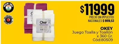 Okey - Juego Toalla y Toallón x 360 Gr. Cód:80509