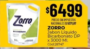 Zorro - Jabon Liquido Bicarbonato DP x 3000 Ml. Cód:28747
