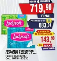 Ladysoft - TOALLITAS FEMENINAS ALAS x 8 un. Pcio.x kg/l: 89,99 Cod: 16754-13930