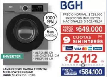 BGH - LAVARROPAS CARGA FRONTAL MOD. BWFE06S24AR