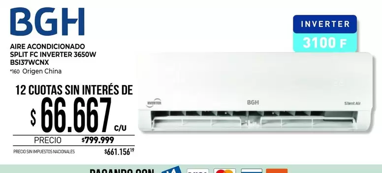 BGH - AIRE ACONDICIONADO SPLIT FC INVERTER 3650W BSI37WCNX