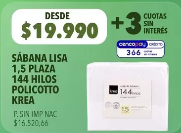 krea - SÁBANA LISA 1,5 PLAZA 144 HILOS POLICOTTO