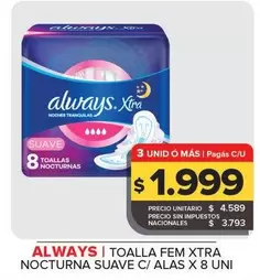Always - Toalla Fem Xtra Nocturna Suave C/Alas