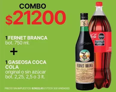 Coca cola - FERNET BRANCA bot. 750 ml. + GASEOSA COCA COLA original o sin azúcar bot. 2,25, 2,5 o 3 lt.